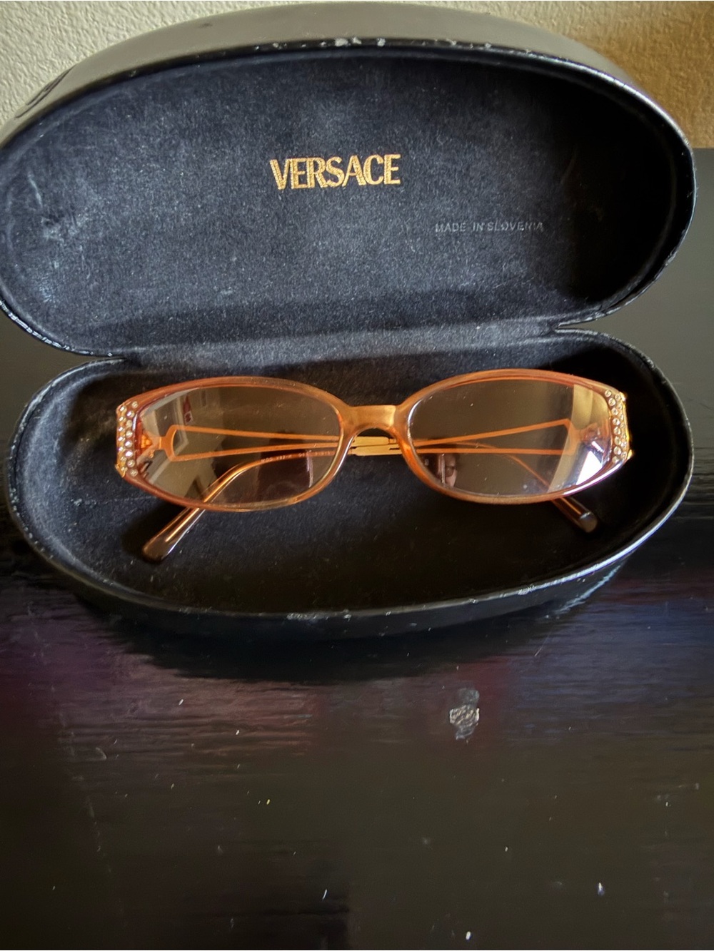 Versace Amber Tinted Rectangular Sunglasses with Crystal Accents